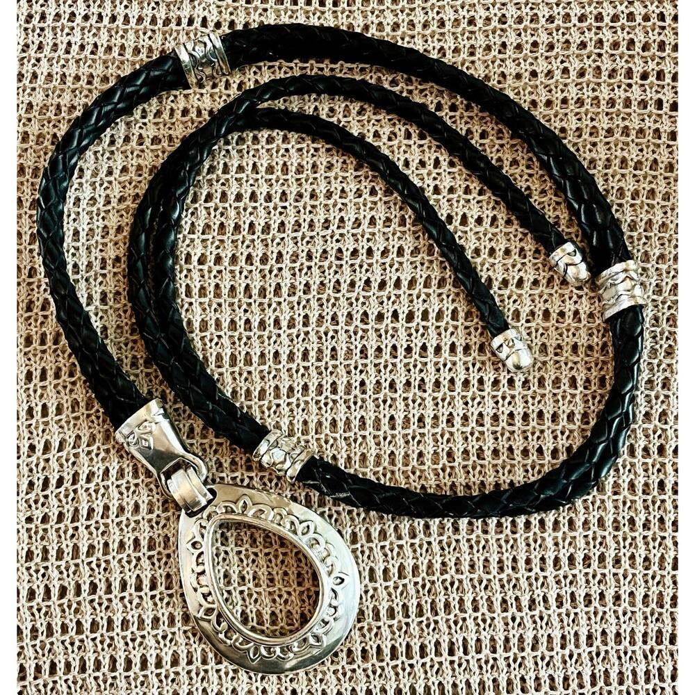 Vintage Black Braided Leather Belt Silver Statement Ring Buckle 46” Boho Luxe
